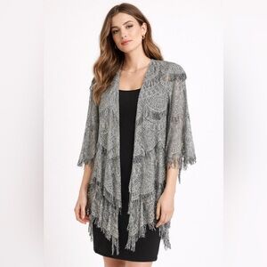 Vintage Silver Metallic Fringe Lace Duster | Art Deco Evening Jacket M